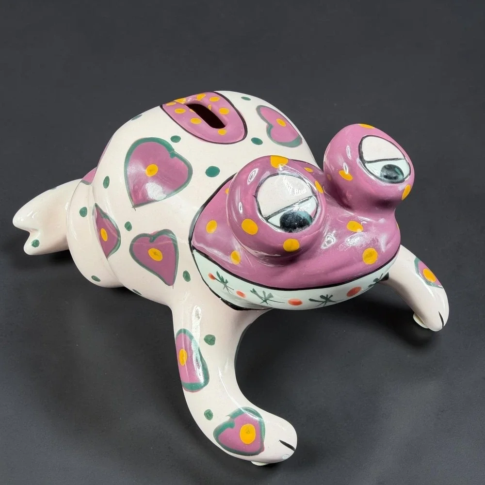 Ganz Bella Casa Ceramic Frog Piggy Bank Hand Painted Hearts Polka Dots Pink